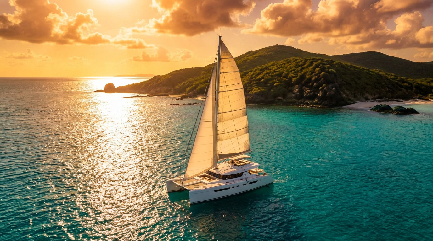 Sailing catamaran with full sails crossing turquoise water at golden hour beside a green island